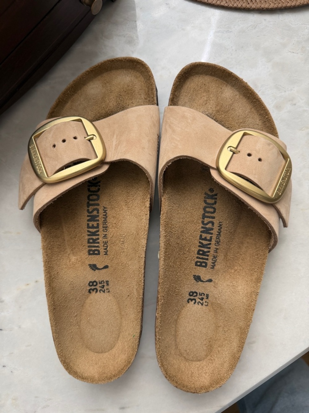 Birkenstock Madrid Suede Slide Sandals - Taupe with Gold Buckles 38